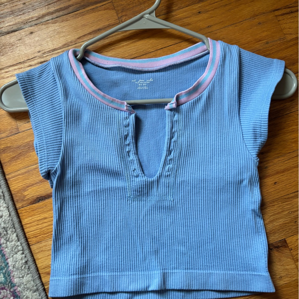 Urban Outfitters Blue Ribbed Blouse with Pink Trim